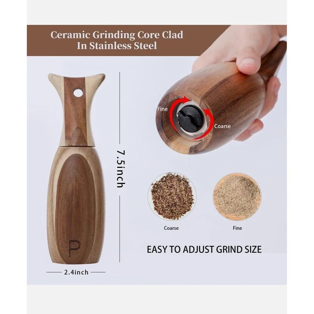 2PC Salt and Pepper Grinder Set Acacia Wood Ceramic and Carbon Steel Core Mill